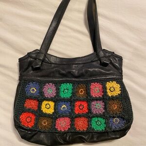Vintage Lucky brand shoulder bag with vibrant woven flowers on front and back